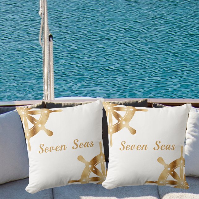 White gold steering wheels yacht boat name throw pillow (Creator Uploaded)