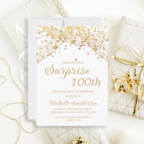 White Gold String Lights Surprise 100th Birthday Invitation