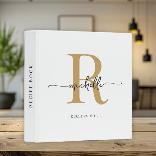 White Gold Stylish Script Monogram Cookbook Recipe 3 Ring Binder