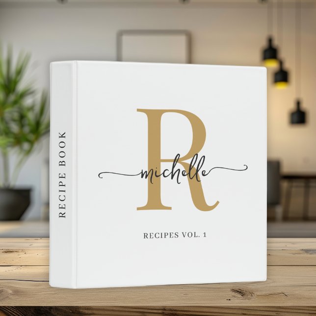 White Gold Stylish Script Monogram Cookbook Recipe 3 Ring Binder (Creator Uploaded)