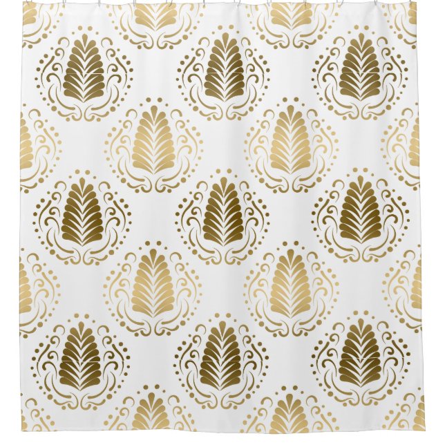 White & & Gold Stylized Damask Shower Curtain (Front)