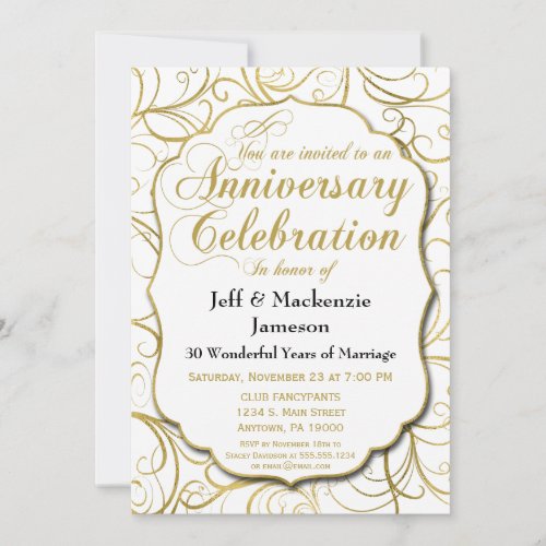 White Gold Swirl Anniversary Invitation Elegant