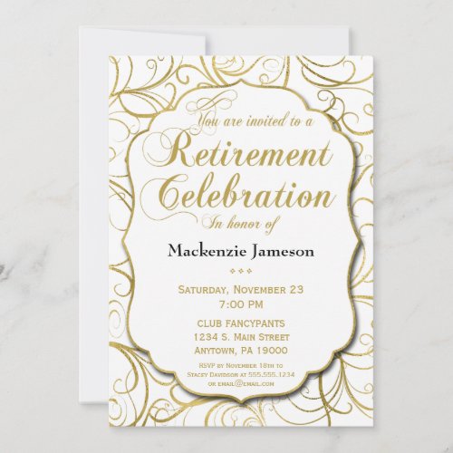White Gold Swirl Retirement Invitation Elegant
