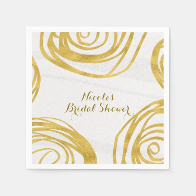 White & Gold Swirl Roses Modern Bridal Shower Paper Napkins (Front)