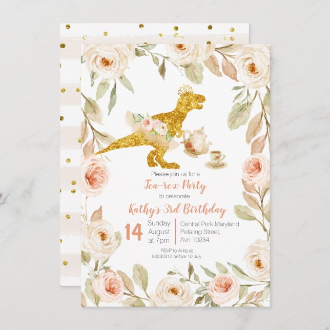 White Gold Tea Party Dinosaur 1st Birthday Invitation (Front/Back)