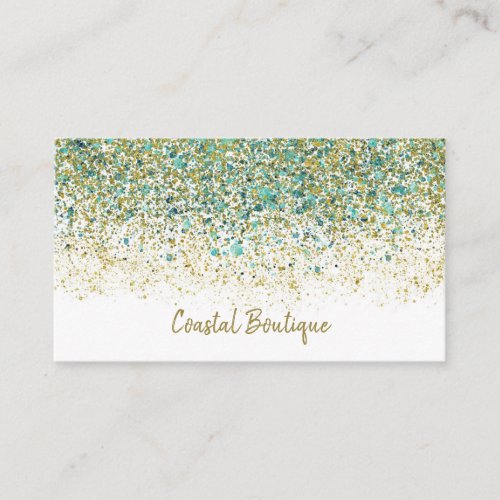 White Gold  Teal Blue Glitter Modern Coastal Glam Business Card