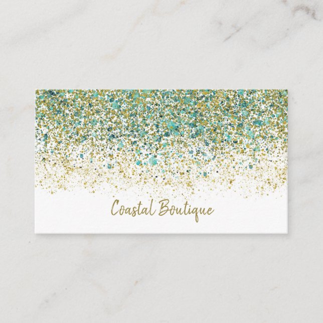 White Gold & Teal Blue Glitter Modern Coastal Glam Business Card (Front)