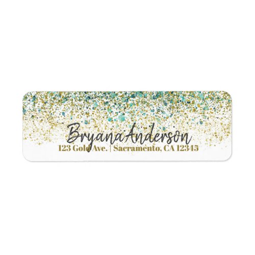 White Gold  Teal Blue Glitter Modern Coastal Glam Label