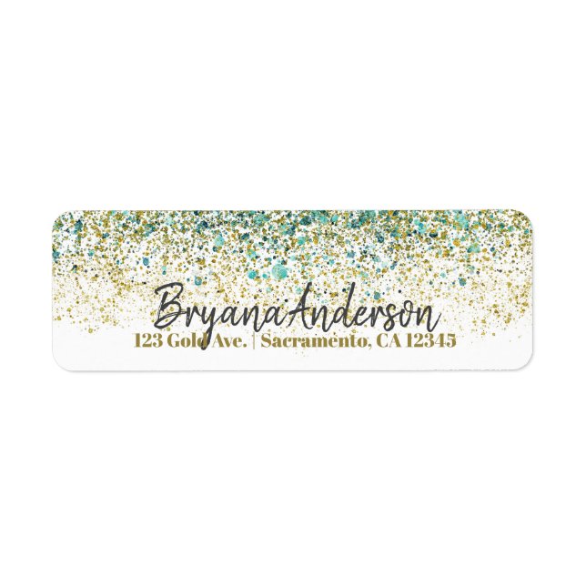 White Gold & Teal Blue Glitter Modern Coastal Glam Label (Front)