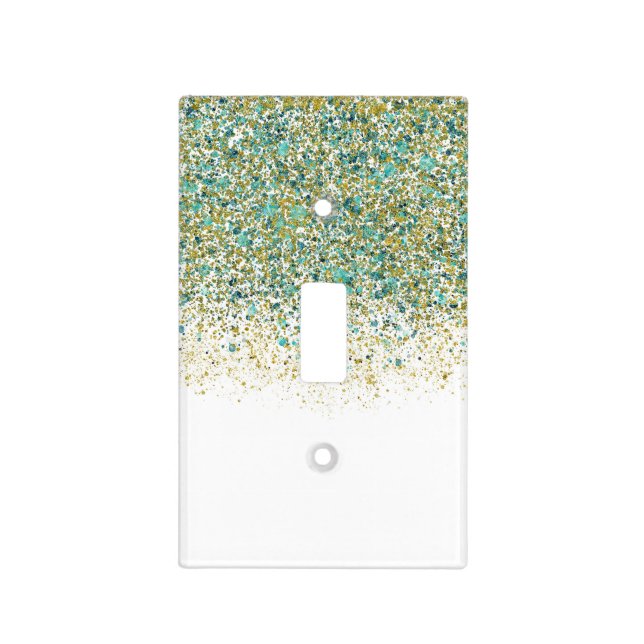White Gold & Teal Blue Glitter Modern Coastal Glam Light Switch Cover (Front)