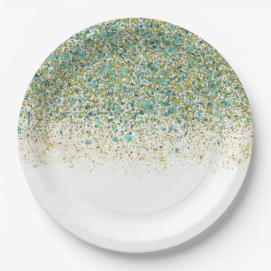 White Gold & Teal Blue Glitter Modern Coastal Glam Paper Plates