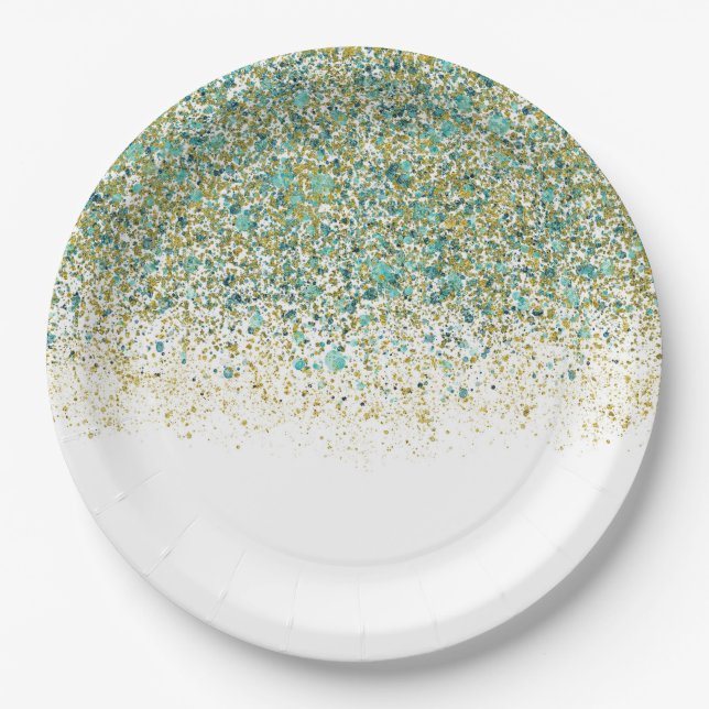 White Gold & Teal Blue Glitter Modern Coastal Glam Paper Plates (Front)