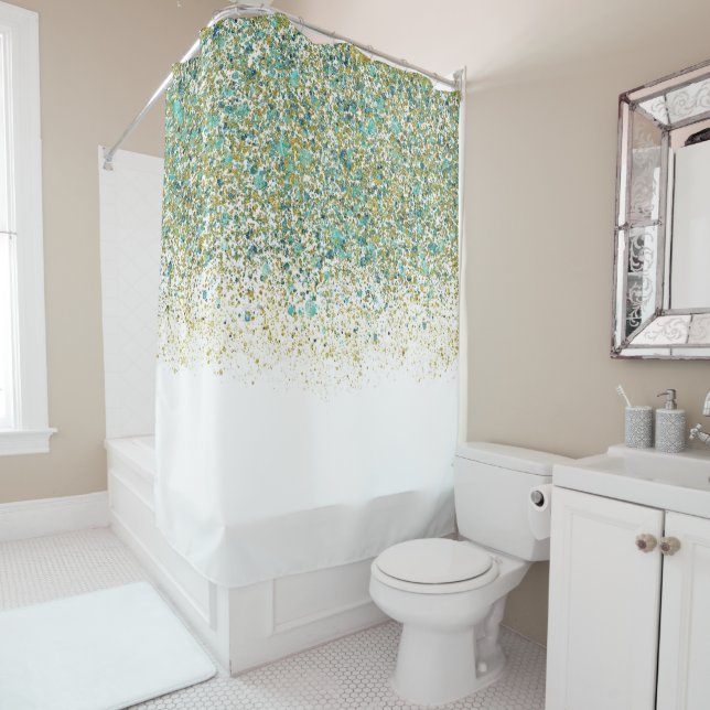 White Gold & Teal Blue Glitter Modern Coastal Glam Shower Curtain (In Situ)