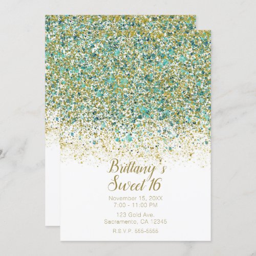 White Gold  Teal Glitter Modern Coastal Sweet 16 Invitation