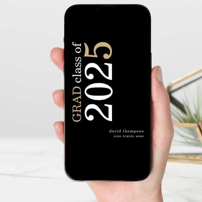 White Gold Text 2025 Black Graduation  Announcement (Front Digital)