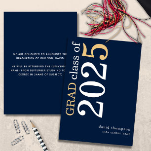 White Gold Text 2025 Navy Blue Graduation Announcement