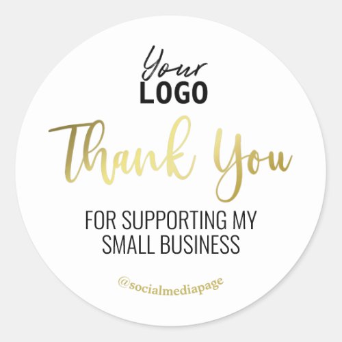 White Gold Text Thank You Support Business Logo Classic Round Sticker