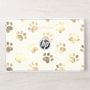 White Gold Textured Paw Print Personalized HP Lapt Laptop Skin