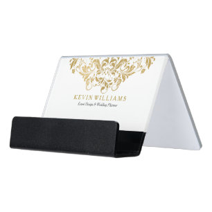 White Gold Tones Vintage Floral Lace Desk Business Card Holder
