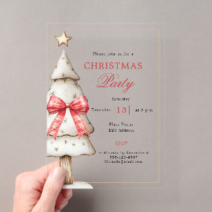White gold tree red tartan bow Christmas Party Acrylic Invitations
