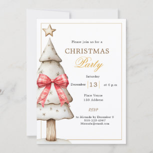 White gold tree red tartan bow Christmas Party Invitation