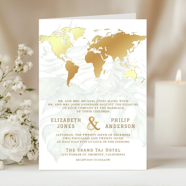 White Gold Tropical Destination World Map Wedding Invitation (Creator Uploaded)