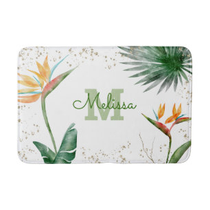 White Gold Tropical Floral Foliage Monogram Name Bath Mat