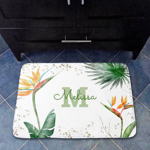 White Gold Tropical Floral Foliage Monogram Name Bath Mat
