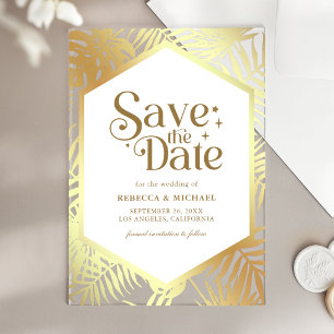 White Gold Tropical Palm Wedding Save the Date