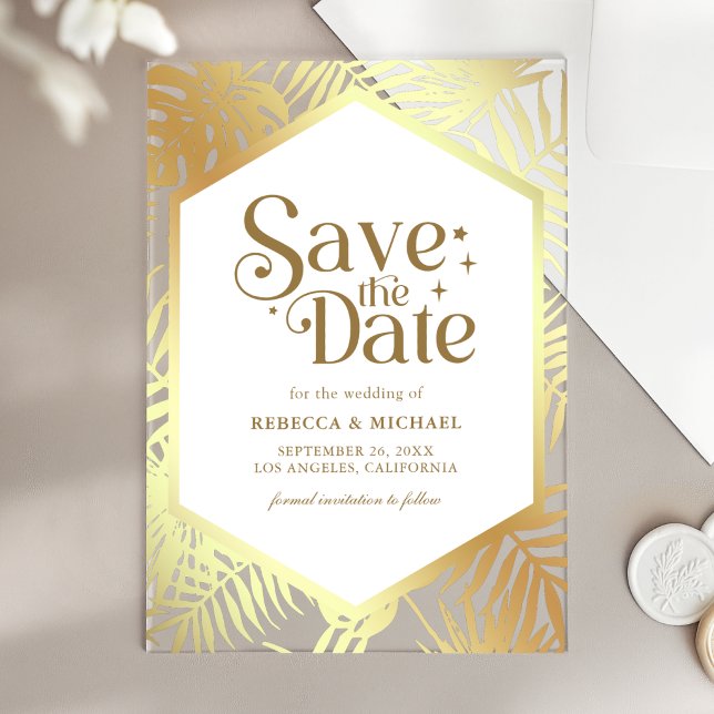 White Gold Tropical Palm Wedding Save the Date (Creator Uploaded)