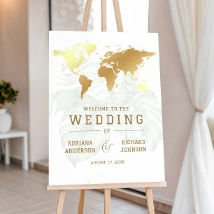 White Gold Tropical World Map Wedding Welcome Sign
