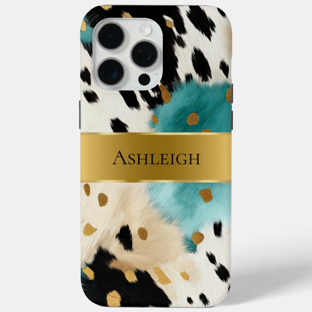 White Gold Turquoise Black Cowhide Name Case-Mate iPhone Case (Back)