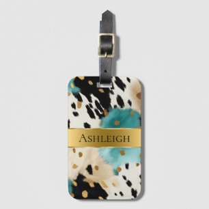 White Gold Turquoise Black Cowhide Name Luggage Tag