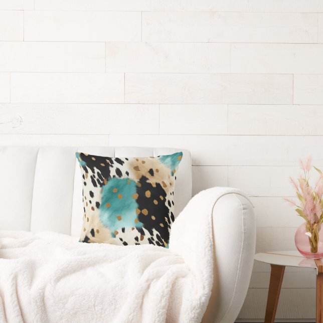 White Gold Turquoise Black Cowhide Name Throw Pillow (Couch)