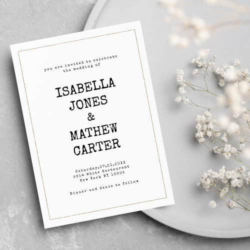 White gold typewriter font rustic style wedding invitation