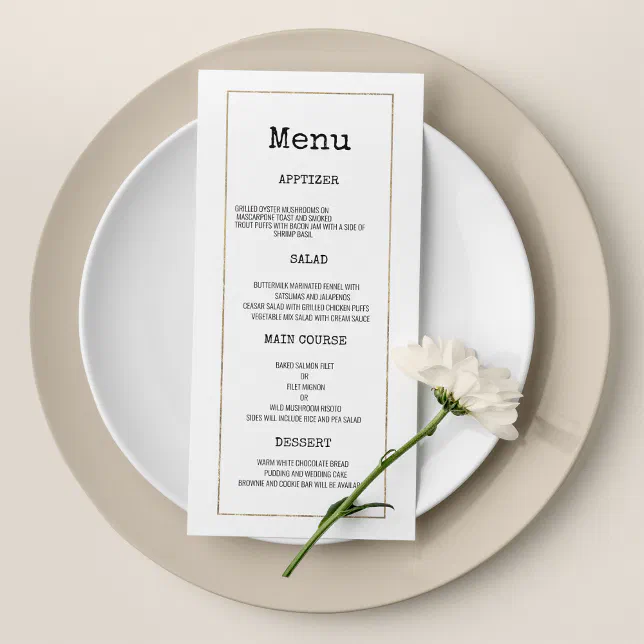 White gold typewriter font rustic Wedding Menu | Zazzle