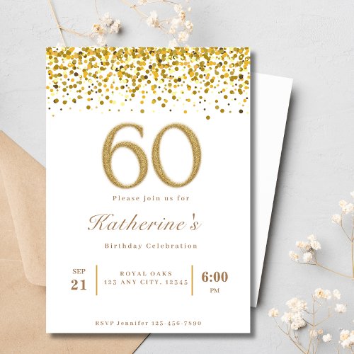 White  Gold Typography 60th Modern Birthday Invitation