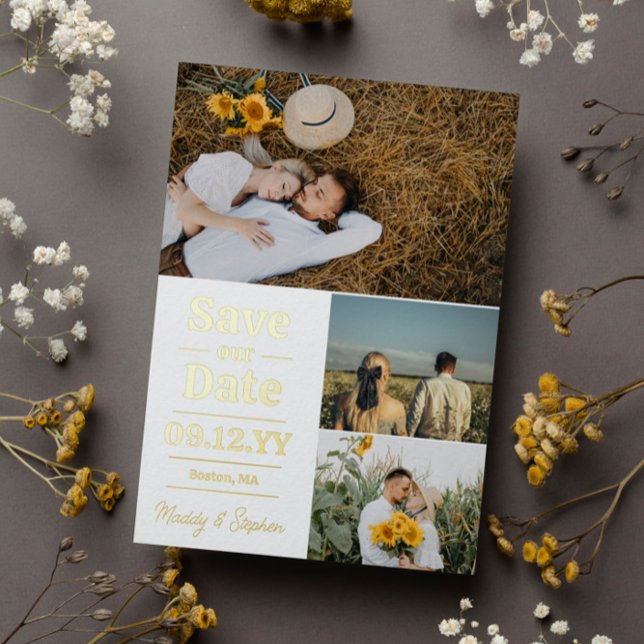 White Gold Typography Photo Collage Save The Date Foil Invitation (Creator Uploaded)