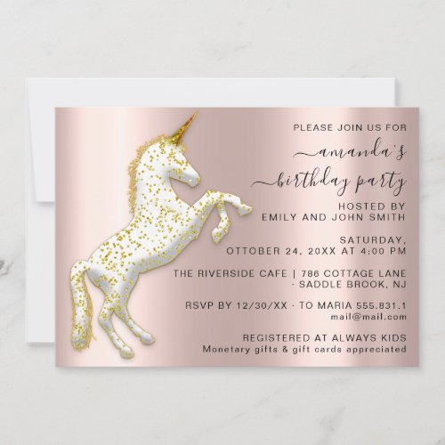 White Gold  Unicorn Horse Birthday Party Rose Invitation