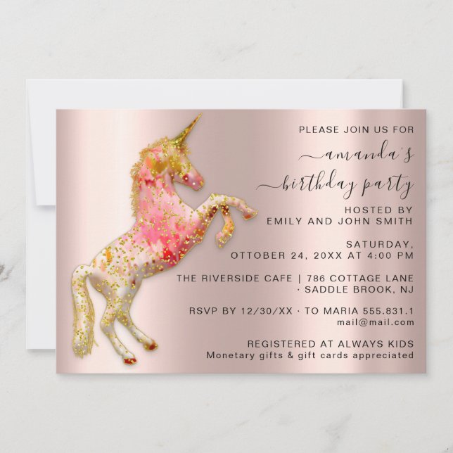 White Gold  Unicorn Horse Birthday Party Unique Invitation (Front)
