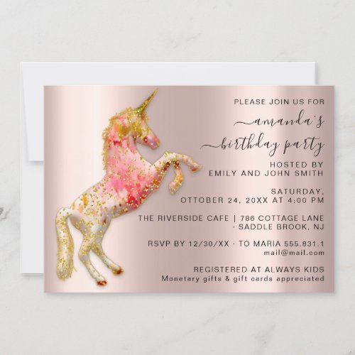 White Gold  Unicorn Horse Birthday Party Unique Invitation