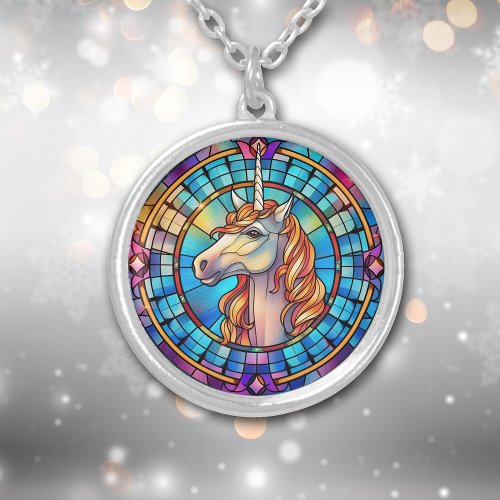 White Gold Unicorn Stained Glass Silver Plated Necklace