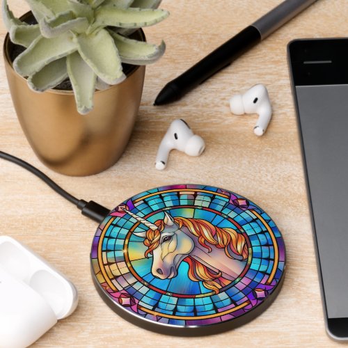 White Gold Unicorn Stained Glass Wireless Charger