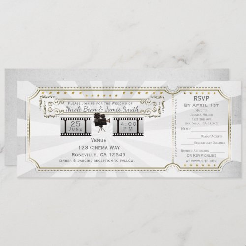 White Gold Vintage Cinema Wedding Ticket  RSVP Invitation