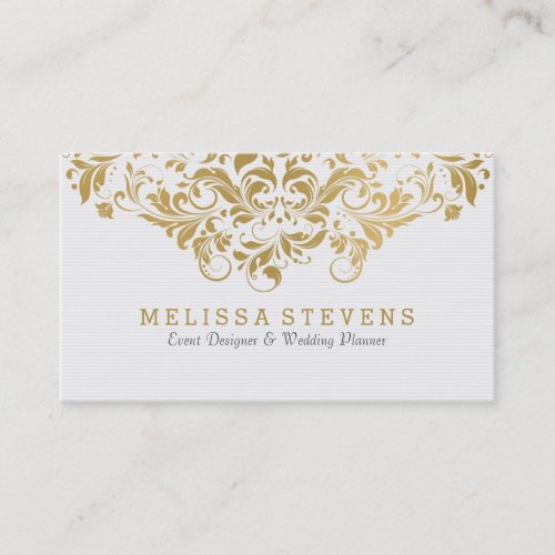 White  Gold Vintage Floral Swirls Lace Business Card