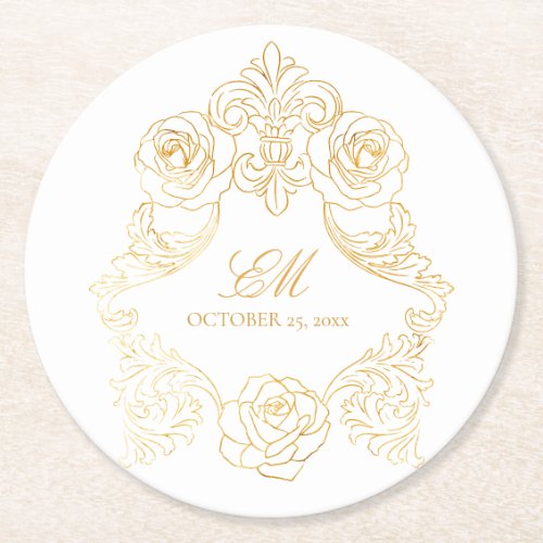 White  Gold Vintage Monogram Crest Wedding Logo Round Paper Coaster