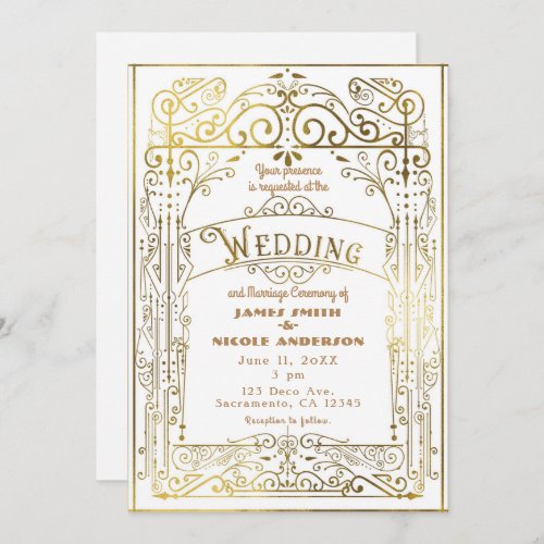 White  Gold Vintage Victorian Deco Wedding Invitation