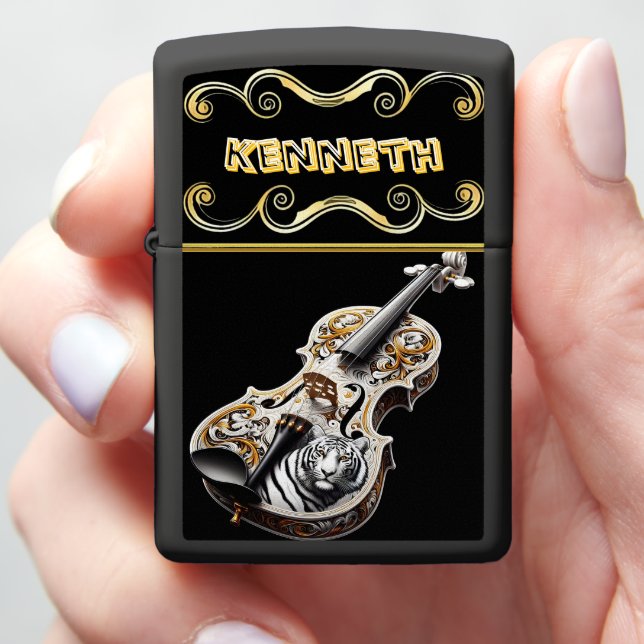 White Gold Violin with Tiger Design Zippo Lighter (In Hand)
