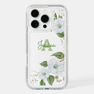 White Gold Watercolor Floral Monogram Script Chic iPhone 16 Pro Case