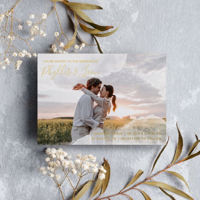 White & Gold Watercolor Informal Photo Wedding Foil Invitation (Creator Uploaded)